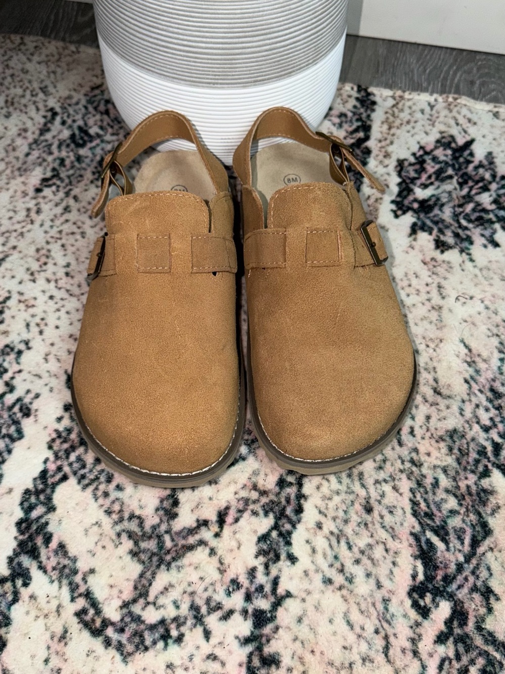 Women’s Suede Buckle Mules in Tan